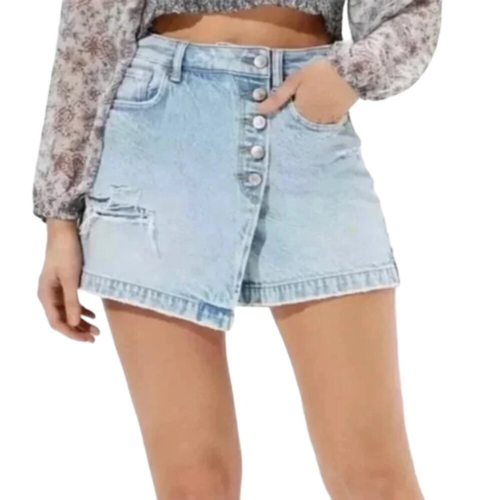 AMERICAN EAGLE Distressed Comfort Stretch Waistband Mom Jean Skort - Shorts